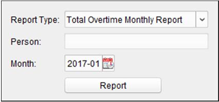 2. Pro výběr osoby klikněte na pole Person. 3. Pro výběr měsíce klikněte na. 4. Pro zahájení generování odpovídající celkové měsíční zprávy o přesčasech klikněte na tlačítko Report.