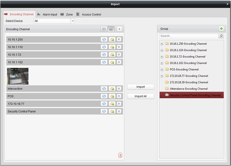 Import kódovacího zařízení do skupiny 1. V rozhraní Správa skupiny klikněte na tlačítko Import a potom kliknutím na kartu Encoding Channel otevřete stránku Importovat kódování kanálu.