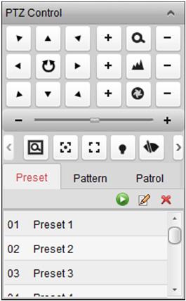 4.3 Ovládání PTZ v živém zobrazení Tento software poskytuje ovládání PTZ kamerám s funkcí otáčení/naklánění/přiblížení. Na ovládací panelu PTZ můžete pro kamery nastavit předvolby, hlídku a vzorec.