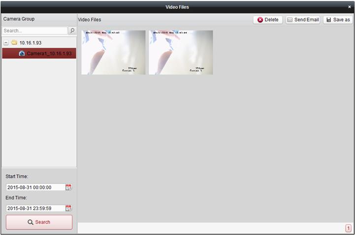 2. Kameru, která má být vyhledána, vyberte ze seznamu skupin kamer. 3. Pro zadání času zahájení a ukončení hledání klikněte na ikonu. 4. Klikněte na Search.