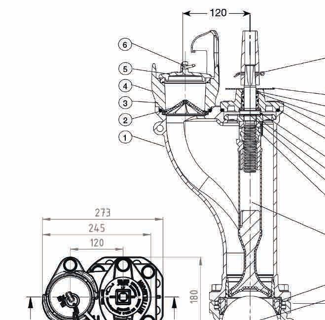 AVK PODZEMNÍ HYDRANT 12.1.4 Dvojitý uzávěr s koulí (L7) 35/81 Technický popis 1. Tělo Tvárná litina min. GJS-400-15(GGG-40) 2. O-kroužek EPDM pryž 3. Víčko Litina GJL-250 4. Závlačka Nerezová ocel 5.