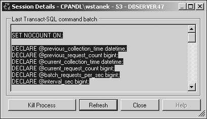 Kapitola 1 Správa SQL Serveru 63 4. Klepněte pravým tlačítkem myši na proces a výběrem položky Details zobrazíte dialogové okno Session Details, který vidíte na obrázku 1.10.