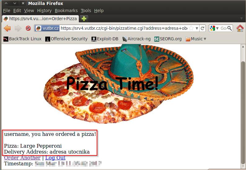 Na počítači cl2 se pokuste provést objednávku pizzy, kterou objednává oběť. Po odeslání objednávky dojde k vložení požadavku zadaného útočníkem do skriptu.