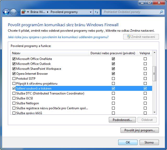 Příprava před použitím > Příprava na odeslání dokumentu do sdílené složky v PC Konfigurace Windows Firewall Povolte sdílení složek a tiskáren a nastavte port pro přenosy SMB.