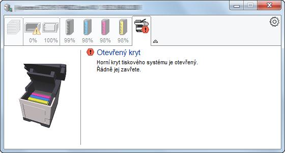 Tisk z počítače > Status Monitor Karta Upozornění Dojde-li k chybě, zobrazí se upozornění ve formě 3D obrázku a textu.