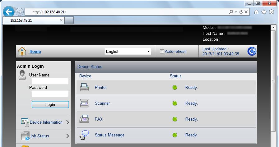 Instalace a nastavení zařízení > Embedded Web Server RX Přístup do Embedded Web Server RX 1 Zobrazte obrazovku. 1 Spusťte webový prohlížeč.