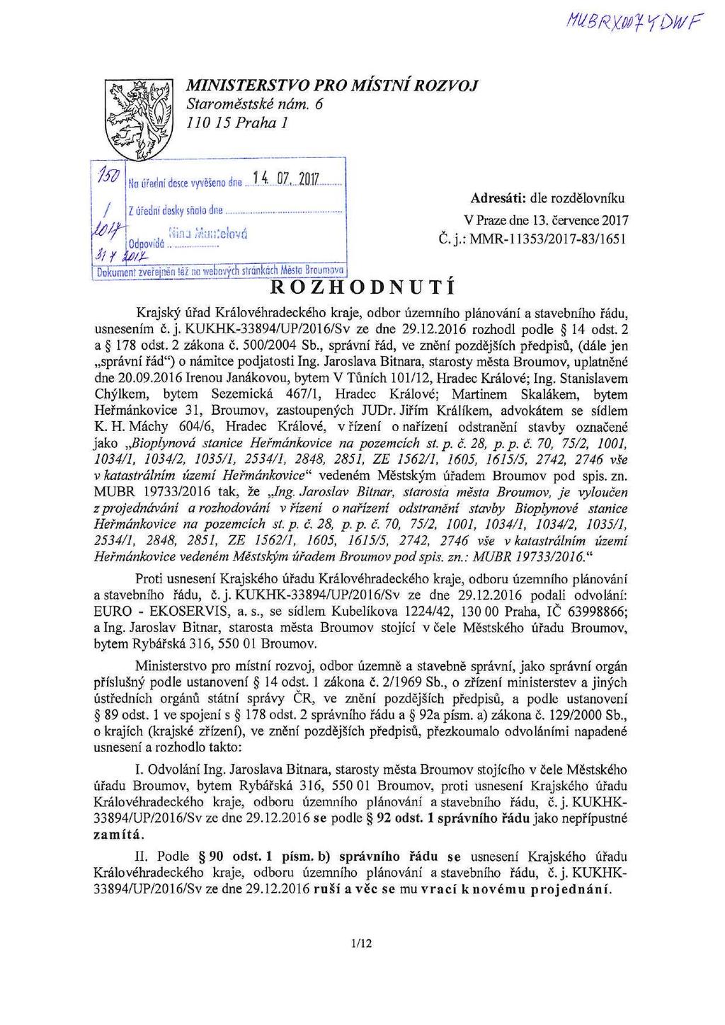 ffu8r)0t% YOH/ř MINISTERSTVO PRO MÍSTNÍROZVOJ Staroměstské nám. 6 110 15 Praha 1 I Nn úřední desce vyvěšeno dne...'3...(i/... /U.