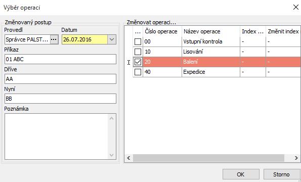 změnování, je probarvena červeně. Pokud je v poli Změnit index zapsán index rozdílný od předchozího, je barevné označení zrušeno.