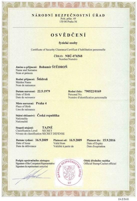 8.2. Osvědčení o prověrce Národního