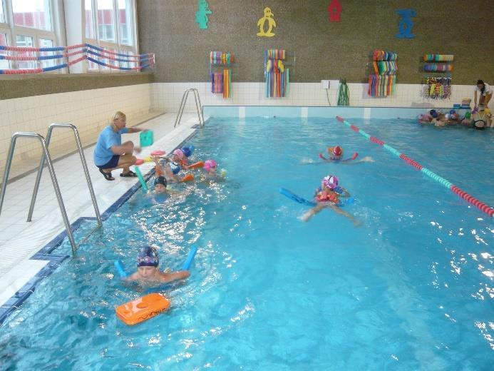Pravidelně jednou týdně chodíme do bazénu sousední základní školy, kde se pod vedením učitelek plavecké školičky Vlnka