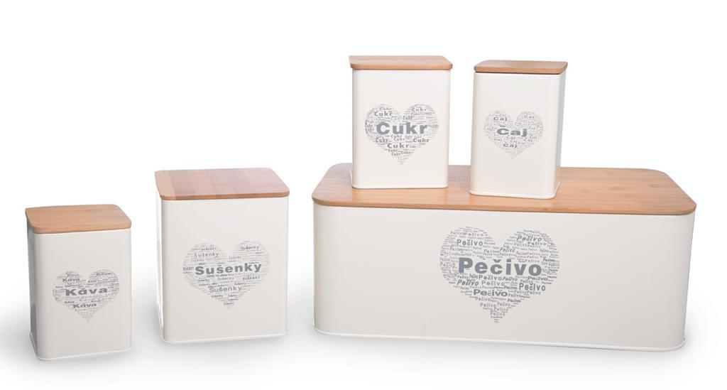 PLECHOVÉ DÓZY HEART do klasické kuchyně těsnění v dóze na kávu, čaj a cukr zabrání vlhnutí a ztrátě aroma z uložených potravin dřevěné víčko
