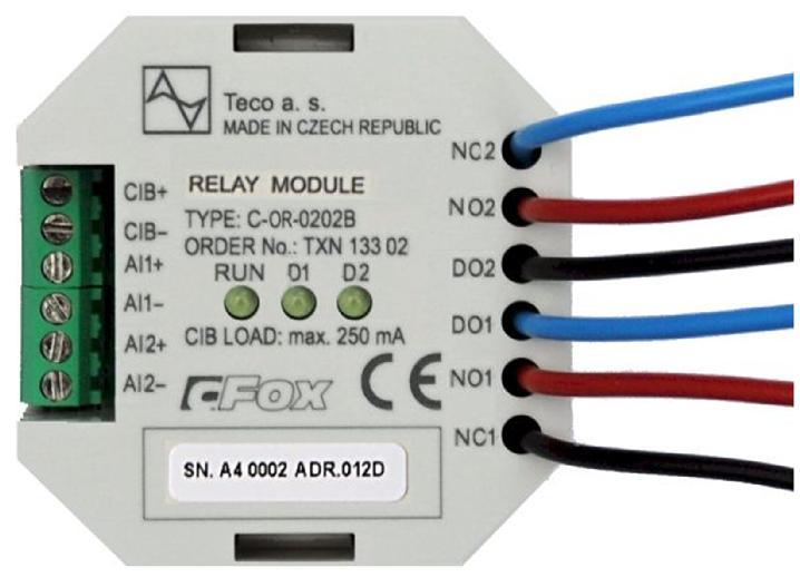 MODUL RELÉOVÝCH VÝSTUPŮ C-OR-0202B Modul disponuje dvěma nezávislými relé 16 A s vyvedenými spínacími i rozpínacími kontakty. Každé relé je samostatně adresovatelné a ovladatelné.