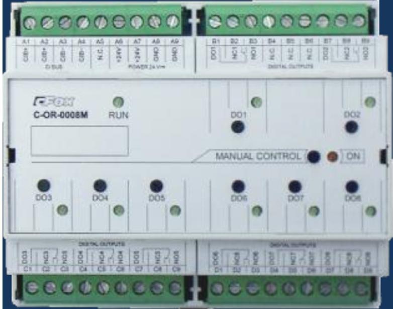 MODUL RELÉOVÝCH VÝSTUPŮ C-OR-0008M Modul disponuje osmi nezávislými relé 16A (každé s vyvedenými spínacími i rozpínacími kontakty). Každé relé je samostatně adresovatelné a ovladatelné.