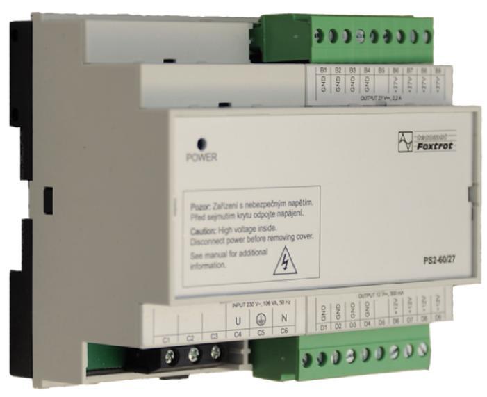 NAPÁJECÍ ZDROJ 27V + 12V PS2-60/27 Modul napájecího zdroje PS60/27 je spínaný zdroj se dvěma hladinami pevného výstupního napětí 27,2V a 12V DC. Je určený pro zálohované napájení systému.