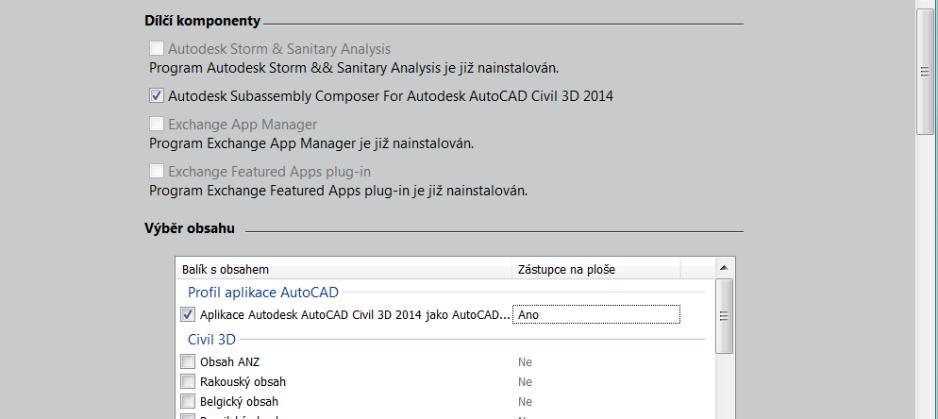 Obr. 5 Přidání komponent instalace Civil 3D, část 1.