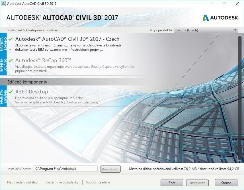 Instalační příručka AutoCAD Civil 3D 2017 5. Dokončení konfigurace komponent Autodesk Civil 3D Nyní je možné přidat zaškrtnutím Autodesk ReCap a také dle Obr.