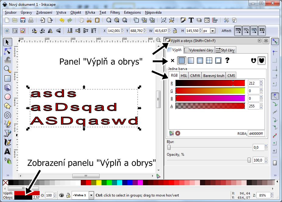2. Psaní textů Nástroj pro práci s textem spustíme klávesou F8, nebo tlačítkem Tvorba a úprava textových objektů v levém panelu nástrojů. Klikneme do místa, kde má být umístěn text, a píšeme.