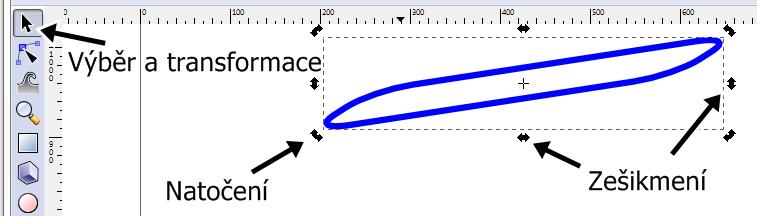 zešikmení a natočení postup: přepněte se na nástroj Výběr a transformace objektů kliknutím na obdélník můžete uchopením a posunutím měnit jeho
