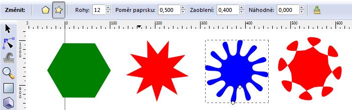 Mnohoúhelník Nástrojem Tvorba hvězd a polygonů nakreslete: a. pravidelný šestiúhelník vlastnosti nastavte takto: Zaoblení: 0,00 Náhodné: 0,00 b.