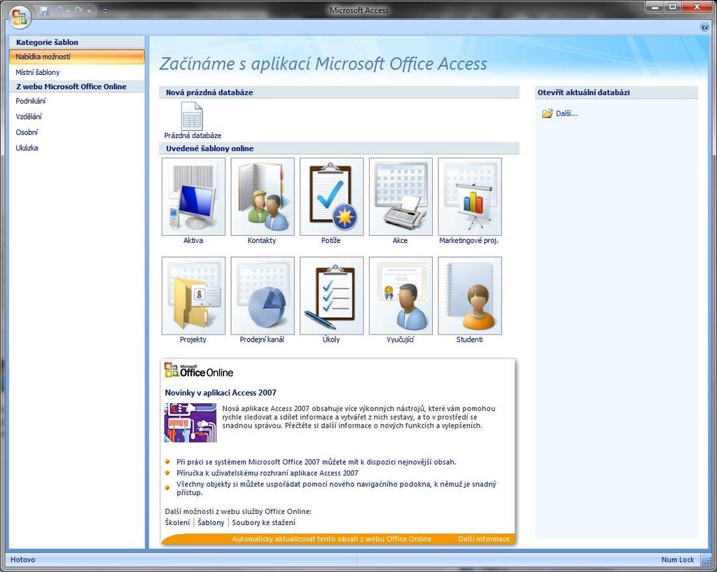 První spuštění aplikace Access.