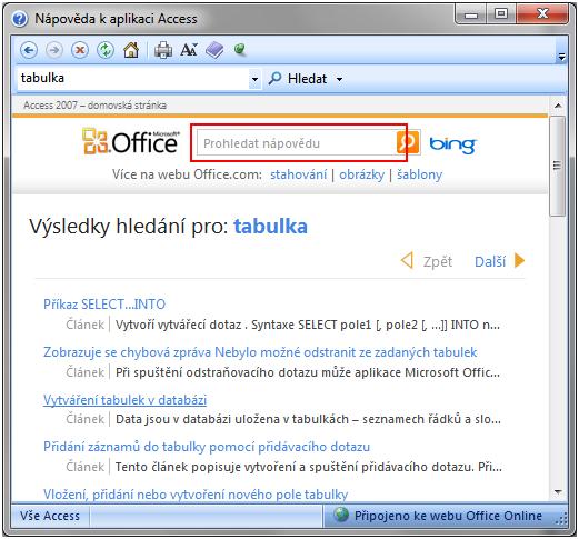 Do zvýrazněného pole napíšeme název funkce, nebo oblast, ze které potřebujeme pomoc a Nápověda k aplikaci Access nám najde