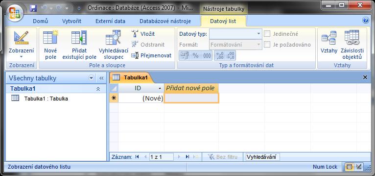 Vytvoření nové tabulky Dle návodu popsaného výš vytvoříme novou databázi, kterou si pojmenujeme Ordinace. Po vytvoření nové databáze se dostaneme do následujícího stavu, resp. Okna.