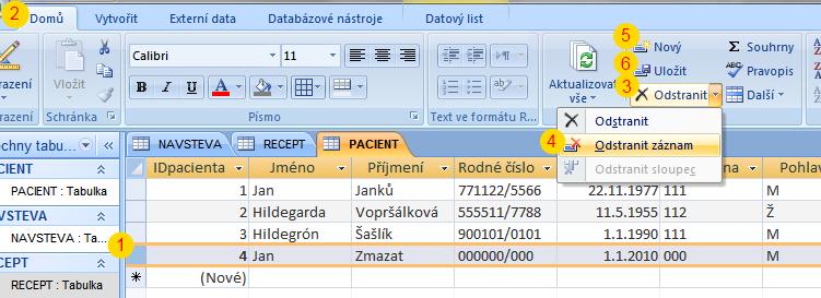 Smazání záznamu 1) Označíme záznam, který musíme smazat 2) Na pásu karet Domů 3) Stlačíme tlačítko Odstranit 4) Vybereme možnost Odstranit záznam 5) Tlačítko pro vytvoření nového záznamu 6) Tlačítko