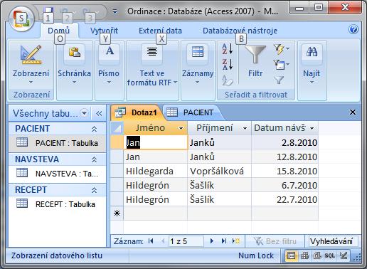 5) Dotaz se spustí a následně zobrazí seznam pacientů a datum jejich návštěvy. Pojmenování a uložení dotazu Název našeho dotazu bude Seznam návštěv.