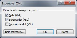 5) Ve většině případů bude stačit exportovat jen Data (XML), tedy necháme zaškrtnutý jen tento výběr, ostatní odškrtneme a