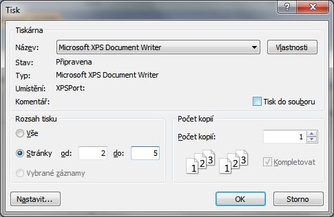 2) V případě potřeby tisku jen určitého počtu stránek vybereme položku Stránky a zadáme do políček Od Do požadovaný rozsah