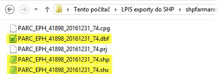 Vygenerovaný export je stažen jako jeden archiv ZIP, který obsahuje další archivy pro každý zvolený typ dat jeden ZIP. V těchto archivech se nachází soubory Shapefile.
