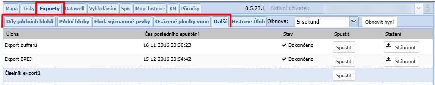 Nabídka exportů s možností spuštění a stažení posledního vygenerovaného exportu Seznam všech spuštěných exportů Interval automatického obnovení seznamu Ruční refresh seznamu Číselník exportů na