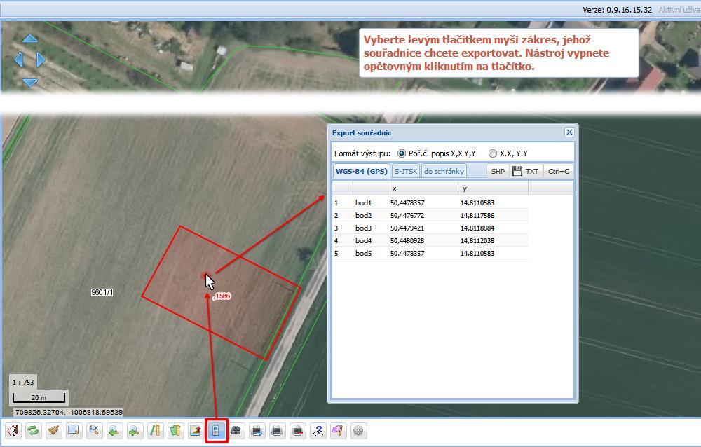 Obrázek 39: Spuštění funkce export GPS souřadnic vybraného