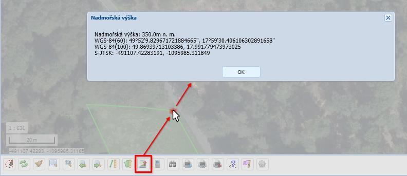 4.4 Zjištění nadmořské výšky a souřadnic vybraného bodu Pro zjištění nadmořské výšky a výpis souřadnic libovolného bodu v mapě slouží ikonka pod mapou.