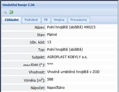 Lupa přiblíží zákres hnojiště v mapě Kliknutím do řádku v seznamu hnojišť nebo kliknutím do zákresu hnojiště v mapě se otevře detail hnojiště.