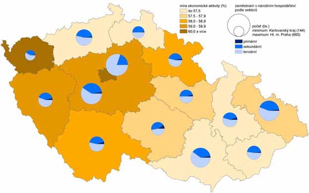 Dříve nadprůměrná míra ekonomické aktivity se prudším poklesem přiblížila průměru ČR. aktivity, 58,8 % téměř shodná s celorepublikovým průměrem.