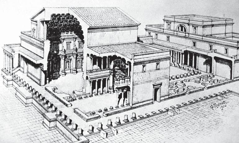 19. Domitian s Palace at Palatine, Rome, completed in 92 AD. From left to right: Aula Regia and Basilica.. Repro: HAU- GWITZ 1901 (see in note 18), fig. 68, drawing by G. Tognetti. ing with this.