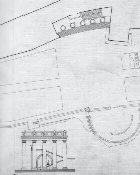 3. J. Plečnik: Sketch of the monumental portico at the southern façade of Prague Castle (detail), 1925. Archive of Prague Castle, Inv. No. 10313-0012. provided the model for all future palaces.
