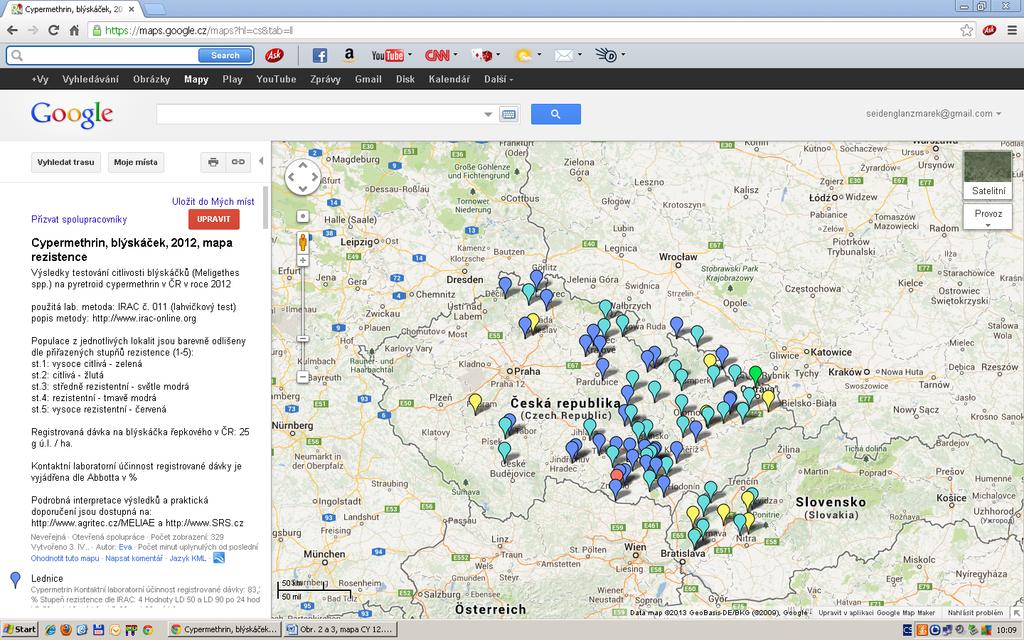 Mapa s odborným obsahem: Výsledky testování citlivosti blýskáčků (Meligethes spp.) na pyretroid Ukázky práce s elektronickou mapou: Obr.