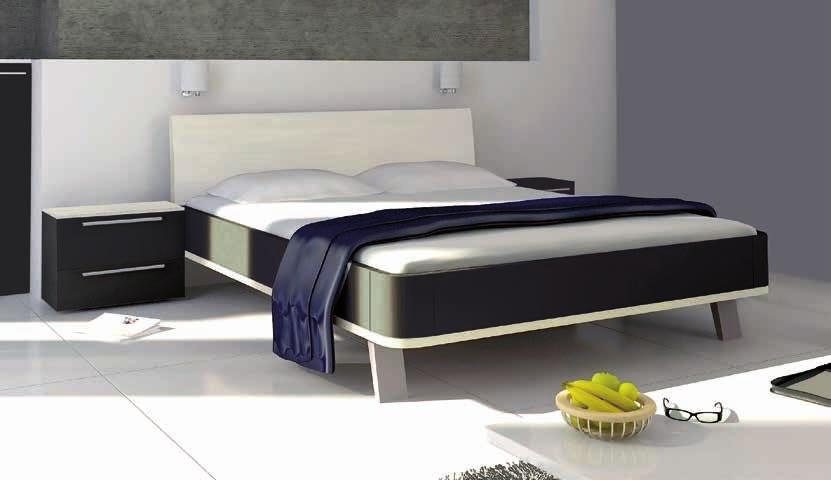 Vnější rozměry lůžka: šířka postele189 cm, délka postele 212 cm, výška čela u hlavy: 100 cm. Designové doplňky - speciální upevnění tzv. levitujících nočních stolků.