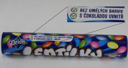Obr. 1: Obal lentilek Orion bez umělých barviv. Obr. 2: Obal lentilek Orion barveno přírodou. Obr. 3: Obal lentilek M&M s. Obr. 4: Lentilky Orion bez umělých barviv. Obr. 5: Lentilky Orion barveno přírodou.