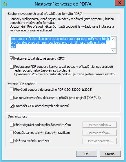 5.3. Které typy souborů se mají konvertovat? V okénku v horní části dialogu je uveden seznam přípon všech povolených typů souborů, které budou konvertovány do formátu PDF.