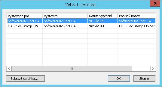 pomocí tlačítka Vybrat otevřete v dialogu Vybrat certifikát seznam vašich certifikátů a vyberte ten, který v tomto případě má být