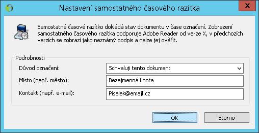 V trojici polí ve skupině Podrobnosti nastavíte důvod označení, místo kde bylo razítko připojeno a kontakt na toho, kdo jej připojil. Všechny údaje jsou nepovinné.