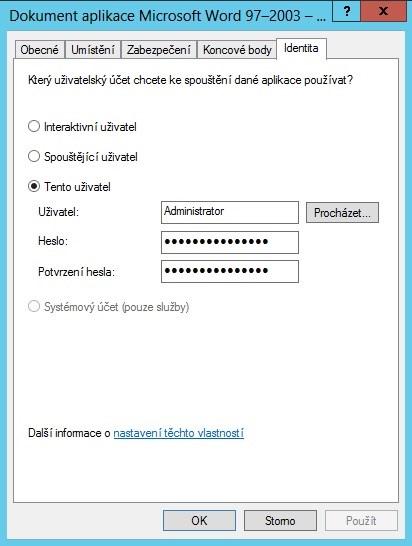 Start -> Spustit -> mmc -32 Pro oba typy aplikace pokračujte: Ctrl + M -> vlevo vyberte poloţku Sluţba Komponent -> Přidat -> OK DCOM objekt aplikace Word se jmenuje Dokument aplikace Microsoft