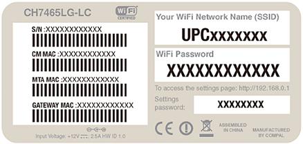 3. Připojení k internetu pomocí Wi-Fi 1. Dodané zařízení je již přednastaveno pro bezdrátový provoz. Název přednastavené sítě (např. SSID: UPC495317) a přednastavené heslo k síti (např.