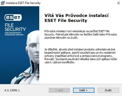 6.1 Průvodce instalací ESET File Security Po spuštění instalačního balíčku ESET File Security se zobrazí průvodce, který vás provede celým procesem instalace: Poté, co odsouhlasíte licenční ujednání,
