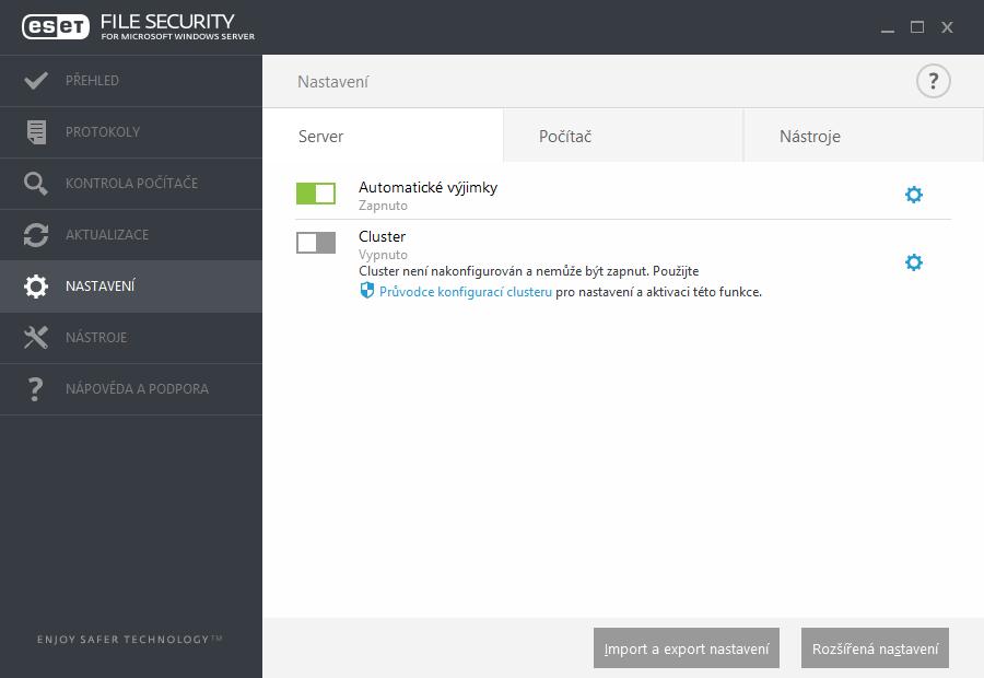 7.5 Nastavení V hlavním okně programu v sekci Nastavení naleznete tři záložky: Server Počítač Nástroje Pro dočasné deaktivování konkrétního modulu klikněte na zelený přepínač dojde ke snížení úrovně