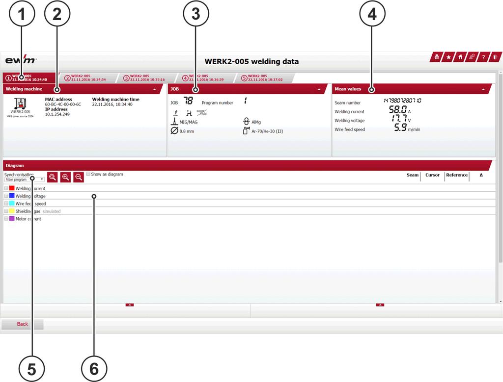 Nahlédnutí do informací svařovacích přístrojů Ve výběrovém seznamu svařovacích dat vyberte maximálně 5 datových záznamů, které mají být vzájemně porovnány. Klikněte na [Zapamatovat].