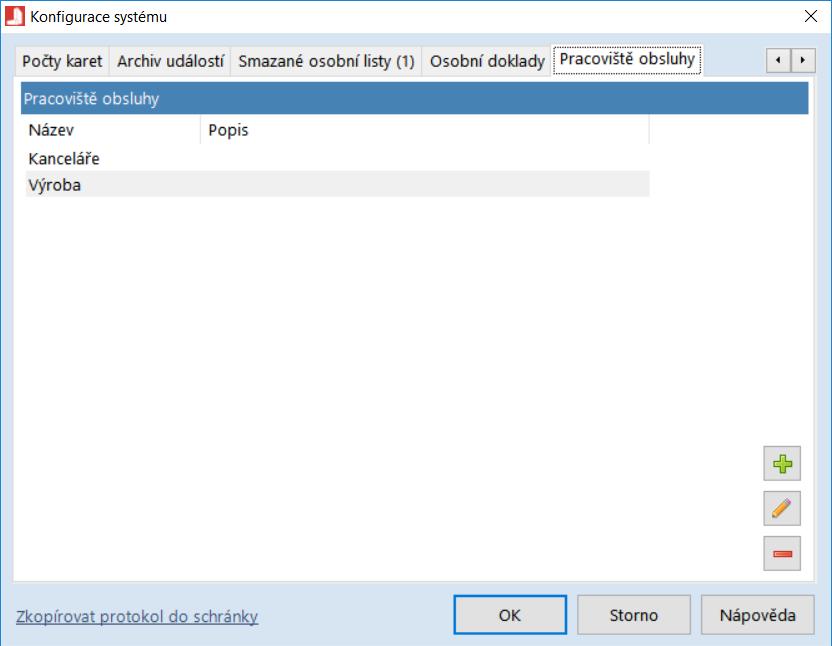 Obr. 3.4 3.12: Konfigurace systému: Připojení, Identifikace, Software, Systémové moduly, APS Key, IP kamery, Počty karet, Archiv událostí, Smazané osobní listy, Osobní doklady, Pracoviště obsluhy 3.7.